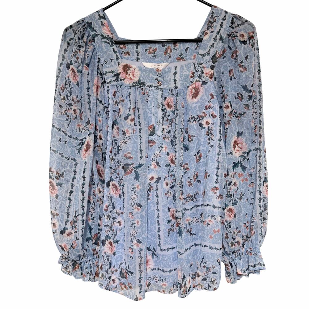 LAUREN CONRAD Floral Peasant Blouse Baby Blue Size XS Balloon Sleeve Lined